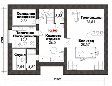 Проект дома с цокольным этажом, бильярдной и тренажерным залом / План цокольного этажа Проект дома с цокольным этажом, бильярдной и тренажерным залом / План цокольного этажа