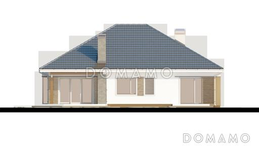 Проект одноэтажного дома из кирпича со стеклянным эркером в столовой зоне, четырьмя спальнями и гаражом / Фасад 3