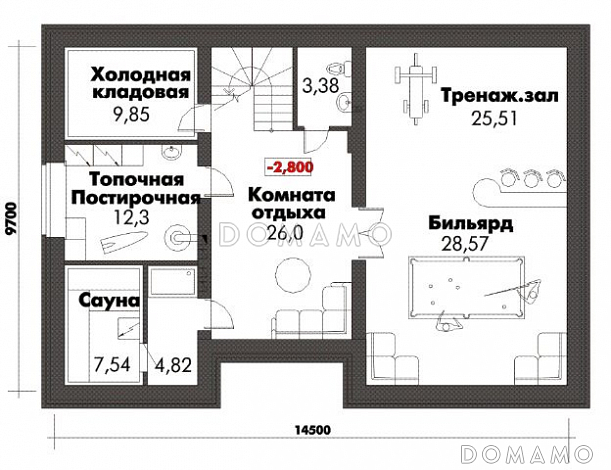 Проект дома с цокольным этажом, бильярдной и тренажерным залом / План цокольного этажа Проект дома с цокольным этажом, бильярдной и тренажерным залом / План цокольного этажа