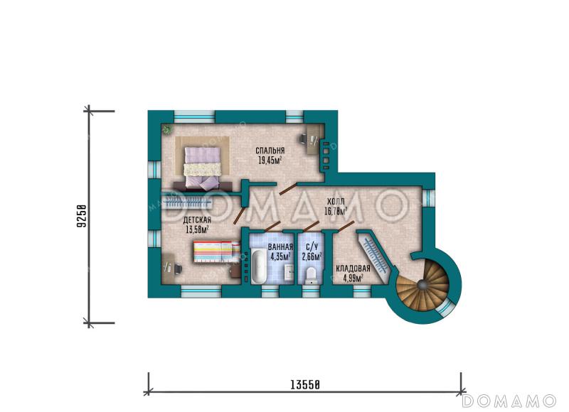 Проект двухэтажного дома с башней в замковом стиле, большим подвалом и продуманными планировочными решениями / План 2 этажа