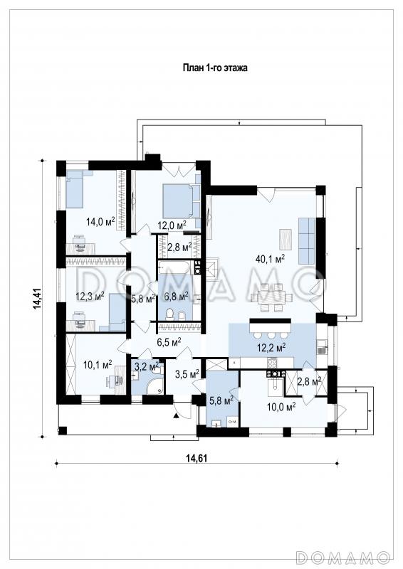 Проект просторного современного одноэтажного дома из газобетона с тремя спальнями, кабинетом / План 1 этажа