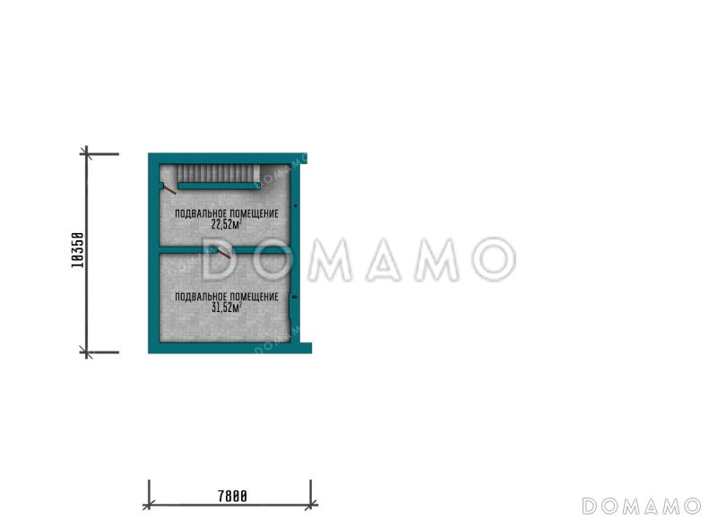 Проект дома с подвалом, гаражом, навесом, тремя спальнями и террасой / План подвала