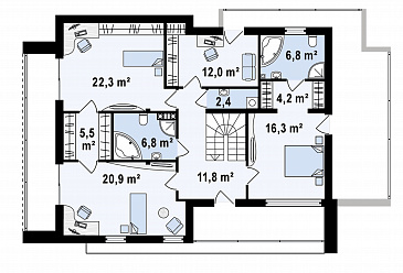 Проект просторного современного двухэтажного дома из газобетона, с пятью комнатами, большим гаражом и двумя лоджиями / План 2 этажа Проект просторного современного двухэтажного дома из газобетона, с пятью комнатами, большим гаражом и двумя лоджиями / План 2 этажа