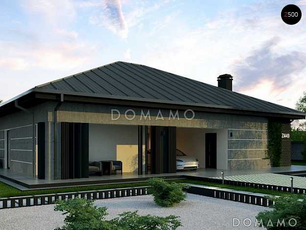 Проект оригинального одноэтажного дома из газобетона с крытой парковкой внутри дома