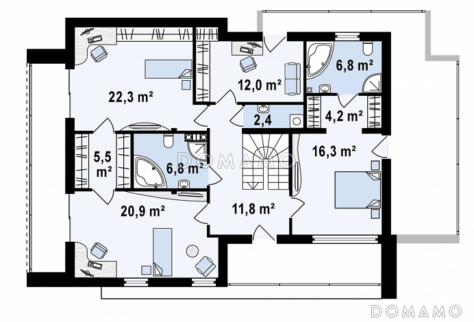 Проект просторного современного двухэтажного дома из газобетона, с пятью комнатами, большим гаражом и двумя лоджиями / План 2 этажа Проект просторного современного двухэтажного дома из газобетона, с пятью комнатами, большим гаражом и двумя лоджиями / План 2 этажа