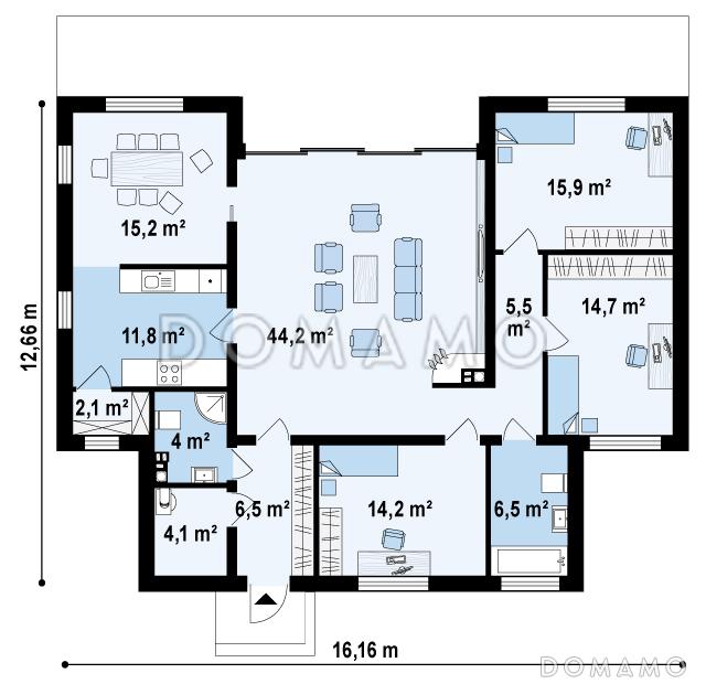 Проект современного одноэтажного дома из кирпича с тремя спальнями и светлой просторной гостиной / План 1 этажа