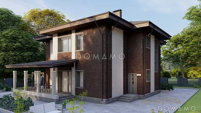 Проект двухэтажного дома с крытой террасой, тремя спальнями и гардеробными Проект двухэтажного дома с крытой террасой, тремя спальнями и гардеробными