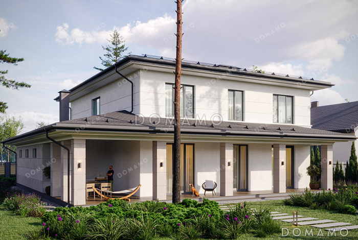 Проект двухэтажного дома с гаражом, 5 спальнями и угловой крытой террасой 