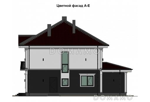 Проект загородного дома с верандой, полукруглым крыльцом, французским балконом, вытянутой кухней-гостиной-столовой / Фасад 3