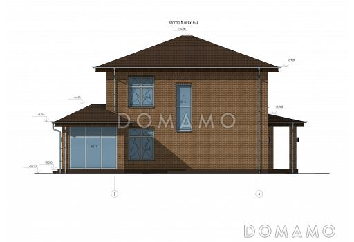 Проект двухэтажного дома с верандой, 4 спальнями, кухней-гостиной и местами для хранения / Фасад 3