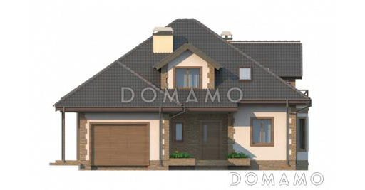 Проект просторного одноэтажного мансардного дома из газобетона с кабинетом, эркером, балконом и гаражом / Фасад 1