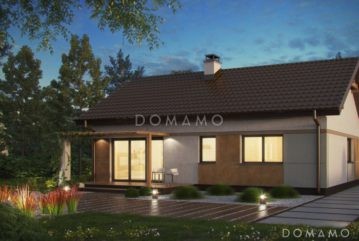 Проект компактного одноэтажного дома из кирпича с двумя спальнями, техническим помещением и изолированной кухней Проект компактного одноэтажного дома из кирпича с двумя спальнями, техническим помещением и изолированной кухней