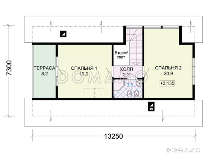 Проект одноэтажного дома из бруса с мансардой и двумя террасами на обоих этажах по всей ширине дома / План мансардного этажа