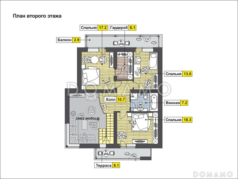 Проект дома с большой открытой террасой, навесом на одну машину, вторым светом, террасой и балконом на мансардном этаже / План мансардного этажа