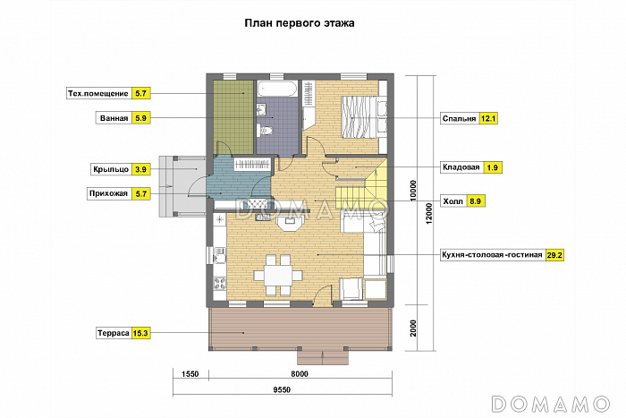 Проект дома из пеноблоков с мансардными окнами / План 1 этажа