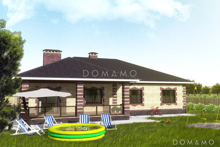 Проект одноэтажного дома из SIP панелей с гаражом и открытой террасой Проект одноэтажного дома из SIP панелей с гаражом и открытой террасой