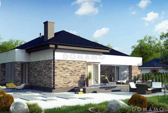 Проект одноэтажного дома из газобетона с тремя спальнями, гаражом на два автомобиля и барбекю на террасе Проект одноэтажного дома из газобетона с тремя спальнями, гаражом на два автомобиля и барбекю на террасе