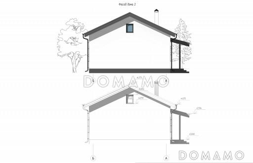 Проект компактного дома с тремя спальнями и проходной кухней-гостиной / Фасад 2 Проект компактного дома с тремя спальнями и проходной кухней-гостиной / Фасад 2