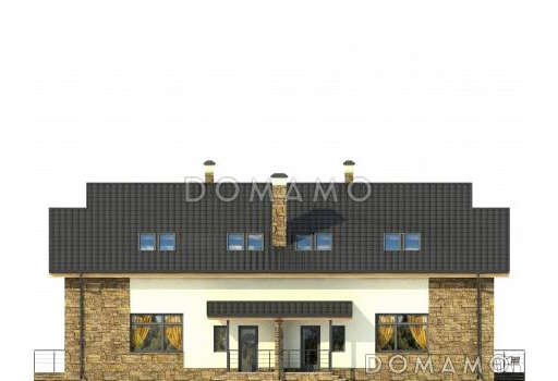 Проект дома на две семьи с большой кухней-столовой, гостиной с камином, террасой, длинным балконом / Фасад 3