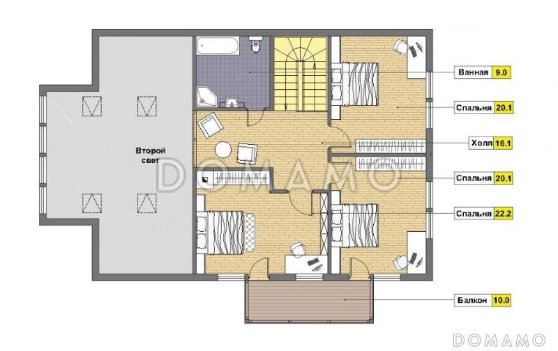 Проект кирпичного дома с просторной кухней и вторым светом / План мансардного этажа