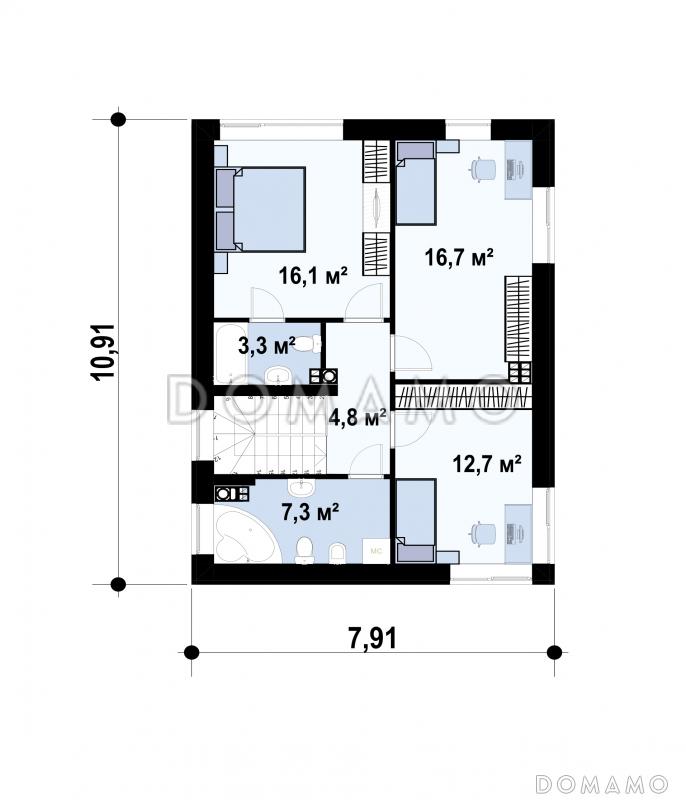 Проект дома с террасой, подвалом, кухней с кладовой, санузлом с душем на первом этаже / План 2 этажа