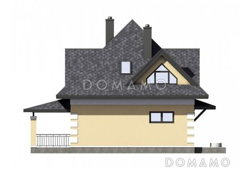 Проект одноэтажного мансардного дома по технологии ЛСТК с тремя спальнями, кабинетом, эркером и крытой террасой / Фасад 2