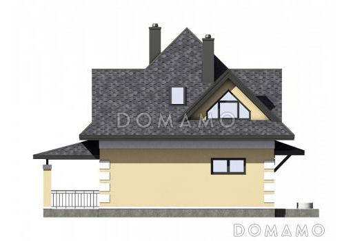 Проект одноэтажного мансардного дома по технологии ЛСТК с тремя спальнями, кабинетом, эркером и крытой террасой / Фасад 2