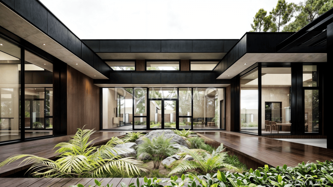 Проект одноэтажного дома с зоной барбекю, сауной и гаражом / 1