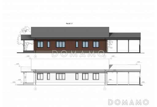 Проект одноэтажного дома с большим навесом для автомобилей, мастер-спальней и широкой террасой / Фасад 2