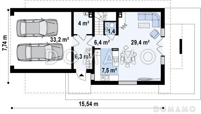 Проект одноэтажного мансардного дома из газобетона с гаражом на два автомобиля для вытянутого участка / План 1 этажа