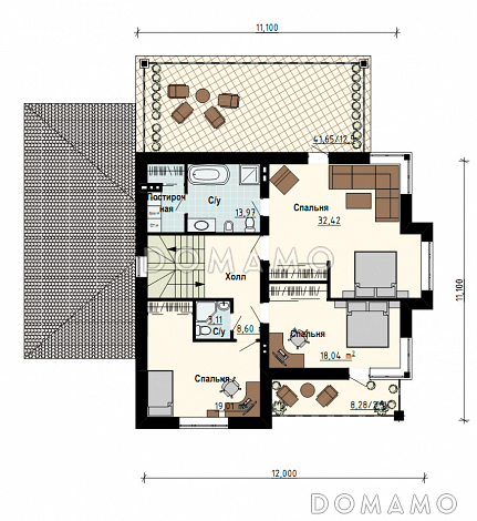 Проект загородного дома с гаражом, функциональной прихожей, просторной столовой зоной, зимнем садом / План 2 этажа Проект загородного дома с гаражом, функциональной прихожей, просторной столовой зоной, зимнем садом / План 2 этажа