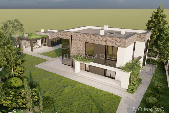 Проект двухэтажного дома в стиле хай-тек с мастерской-гаражом, очень просторной террасой и вторым светом Проект двухэтажного дома в стиле хай-тек с мастерской-гаражом, очень просторной террасой и вторым светом