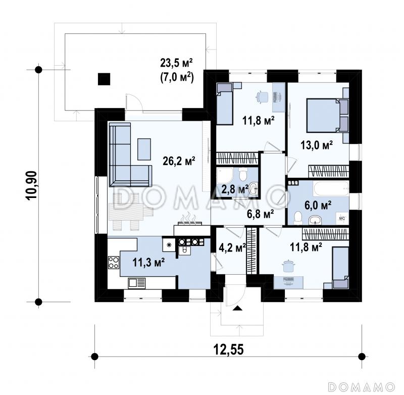 Проект одноэтажного дома с террасой, двумя санузлами, кухней и гостиной без перегородки / План 1 этажа
