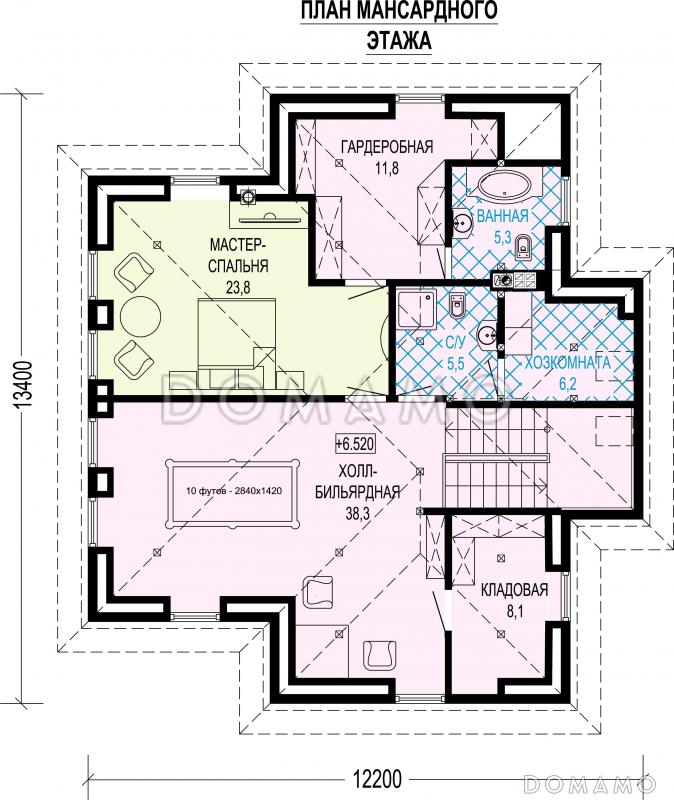 Проект двухэтажного особняка с мансардой, террасой и большой гардеробной / План мансардного этажа