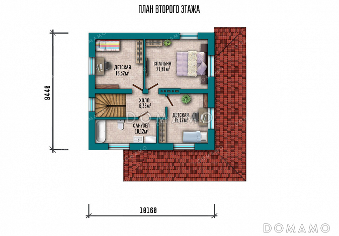 Проект двухэтажного дома с большой террасой / План 2 этажа