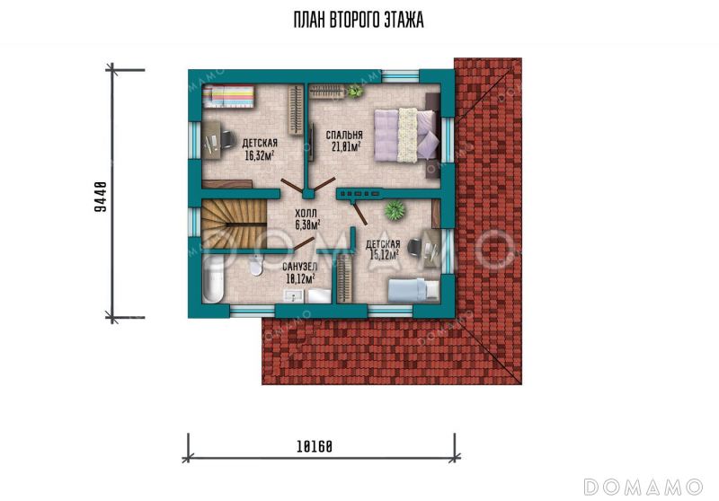 Проект двухэтажного дома с большой террасой / План 2 этажа