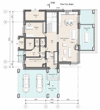 Проект просторного дома с навесом, верандой, сауной, 4 спальнями и кабинетом / План 1 этажа Проект просторного дома с навесом, верандой, сауной, 4 спальнями и кабинетом / План 1 этажа