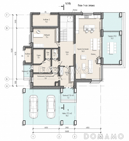 Проект просторного дома с навесом, верандой, сауной, 4 спальнями и кабинетом / План 1 этажа Проект просторного дома с навесом, верандой, сауной, 4 спальнями и кабинетом / План 1 этажа