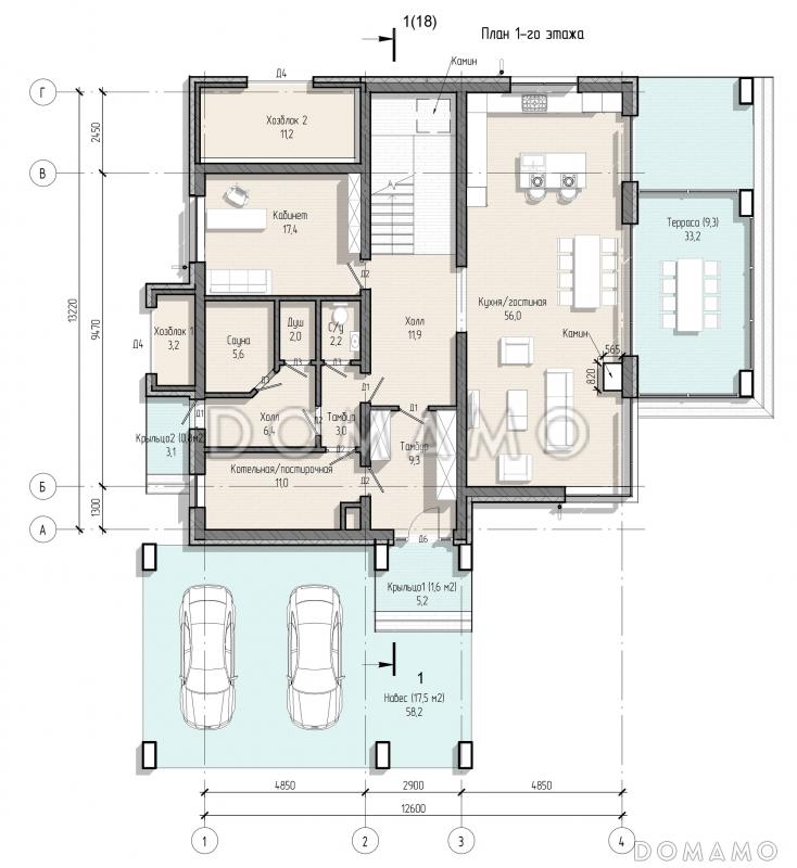 Проект просторного дома с навесом, верандой, сауной, 4 спальнями и кабинетом / План 1 этажа