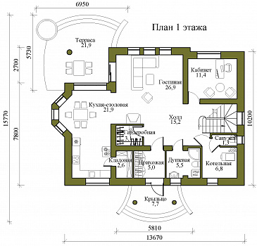 Проект двухэтажного каркасного дома с тремя балконами, округлыми террасой и крыльцом / План 1 этажа