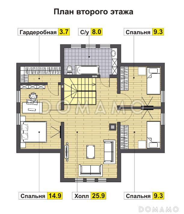 Проект дома с просторной гостиной и холлом на втором этаже / План мансардного этажа