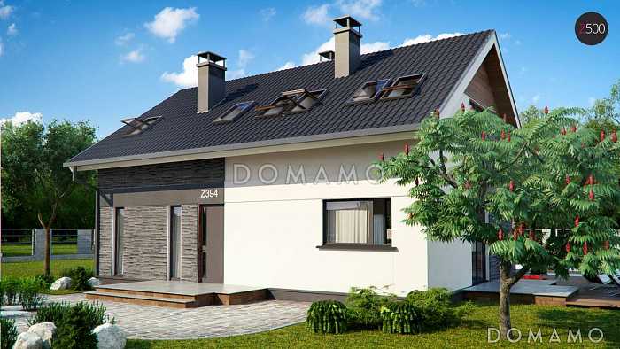 Проект одноэтажного мансардного дома из кирпича с четырьмя спальнями и панорамным остеклением гостиной Проект одноэтажного мансардного дома из кирпича с четырьмя спальнями и панорамным остеклением гостиной