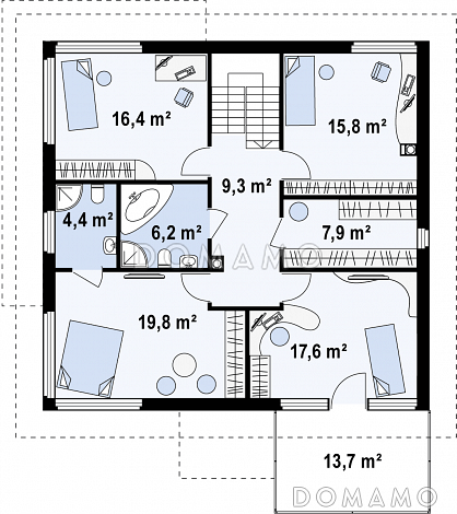 Проект двухэтажного дома из кирпича, адаптированный для сейсмозоны с четырьмя спальнями и удлинённым двухместным гаражом / План 2 этажа
