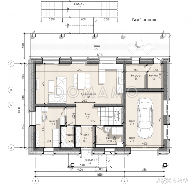 Проект загородного дома с террасой, гаражом, кабинетом, двумя детскими / План 1 этажа