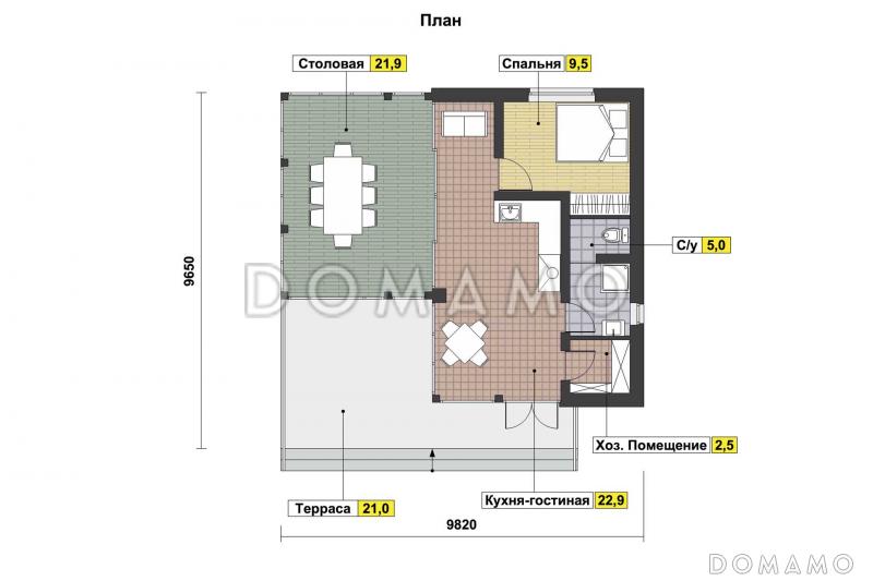 Проект беседки с панорамным остеклением, открытой террасой, столовой, санузлом, кладовой, кухней-гостиной и спальней / План 1 этажа