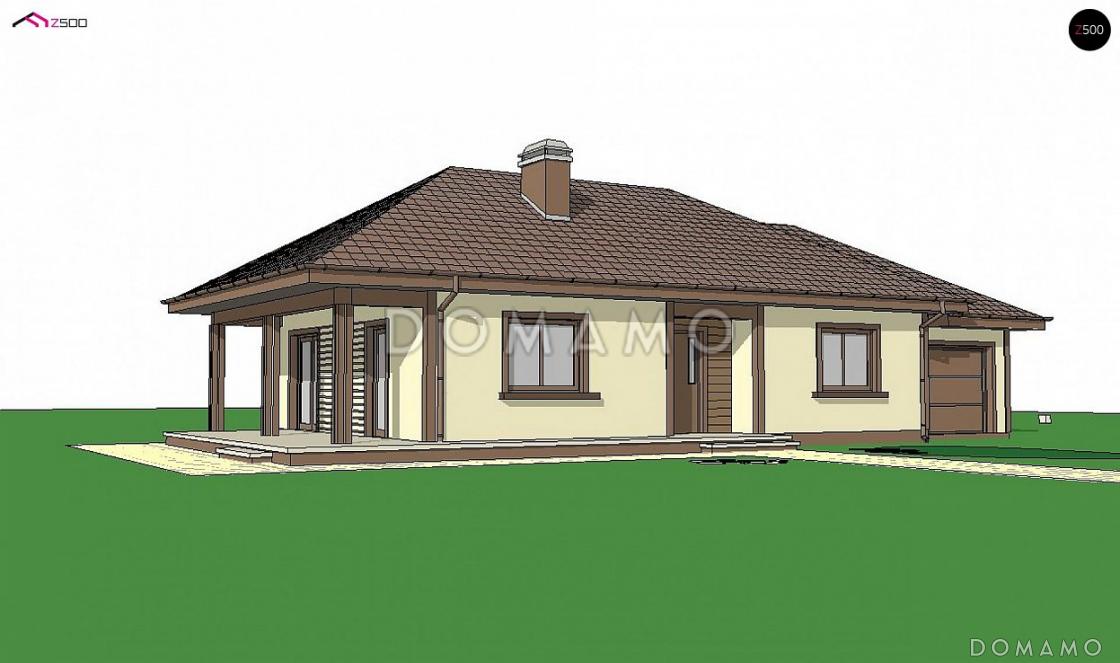 Проект компактного одноэтажного дома из кирпича с двумя спальнями и боковой террасой и пристроенным гаражом / 3