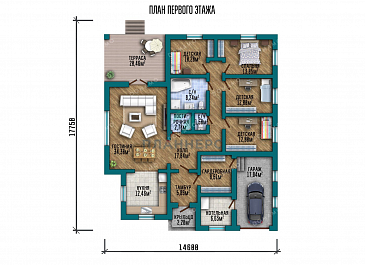 Проект одноэтажного дома с большой террасой и гаражом / План 1 этажа Проект одноэтажного дома с большой террасой и гаражом / План 1 этажа
