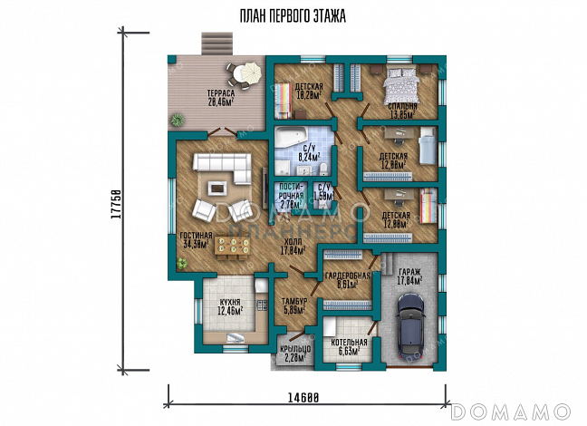 Проект одноэтажного дома с большой террасой и гаражом / План 1 этажа Проект одноэтажного дома с большой террасой и гаражом / План 1 этажа