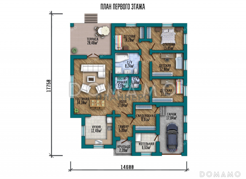 Проект одноэтажного дома с большой террасой и гаражом / План 1 этажа