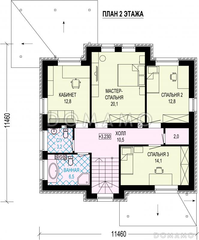 Проект кирпичного двухэтажного дома с кабинетом, 4 спальнями и просторной гардеробной у входа / План 2 этажа